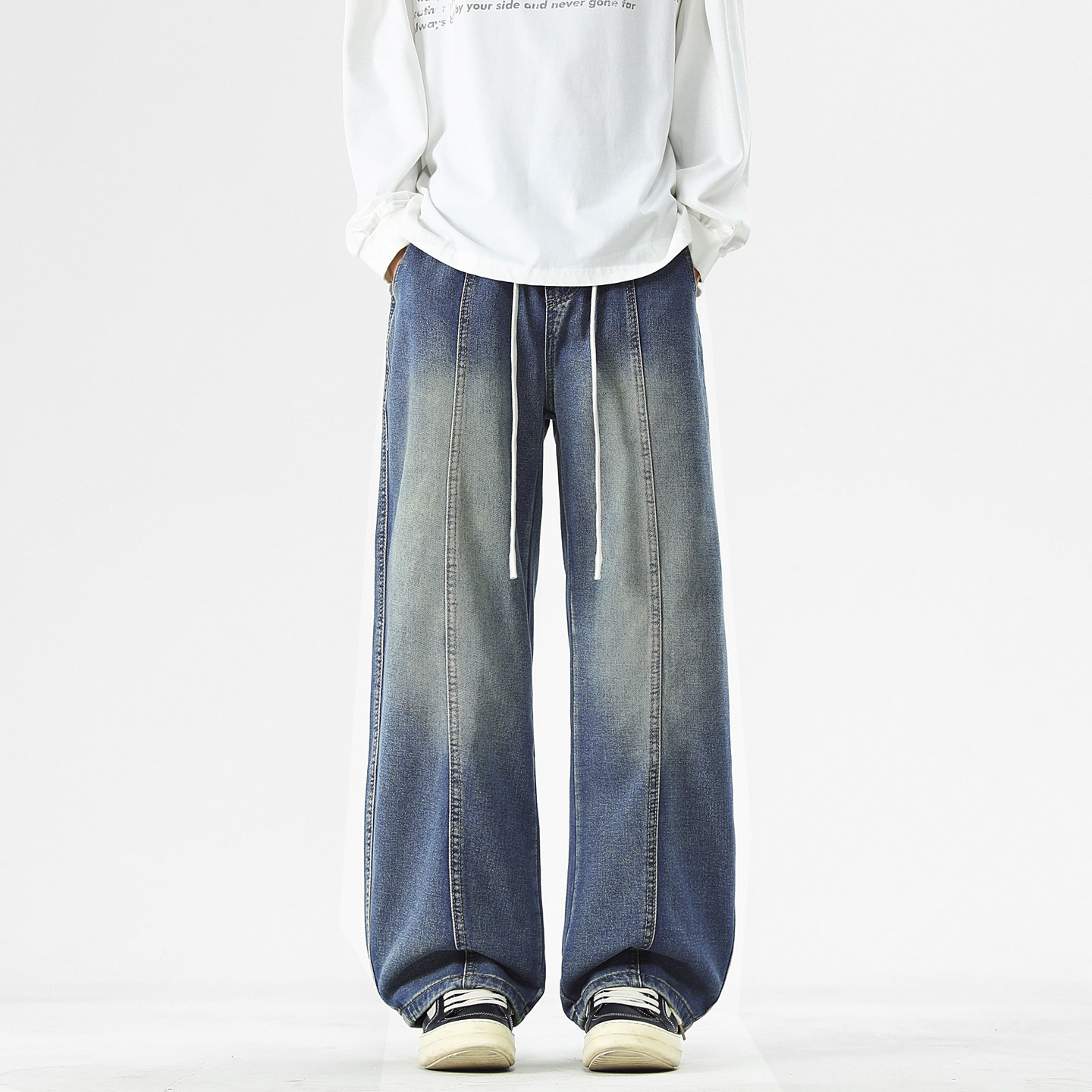 春秋季新款美式复古直筒牛仔裤男潮牌阔腿高街宽松水洗抽绳裤子