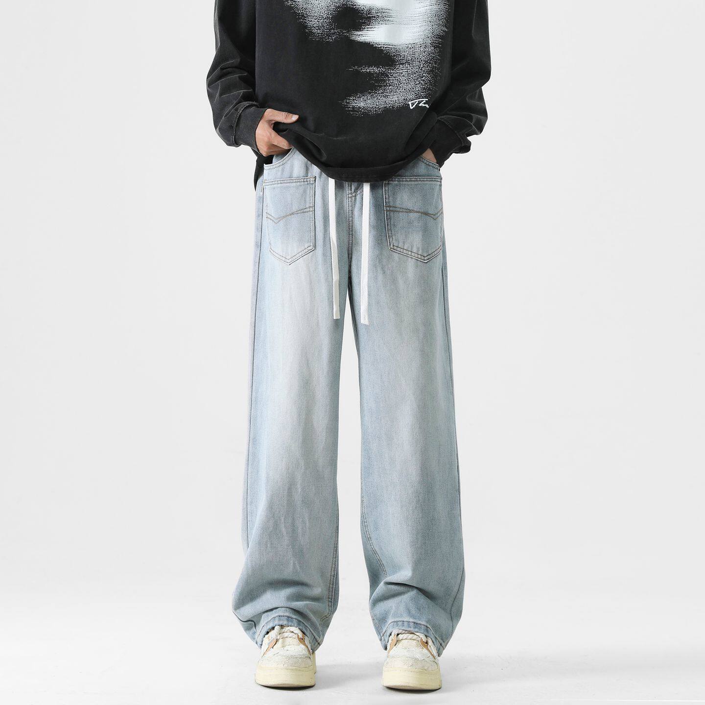 男士牛仔裤男蓝色春季美式男款裤子阔腿裤男裤休闲直筒裤长裤