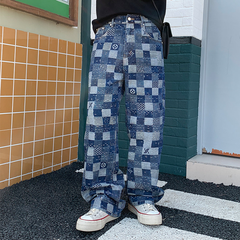 美式高街复古潮牌蓝格子拼接直筒牛仔裤男休闲宽松阔腿长裤棋盘格