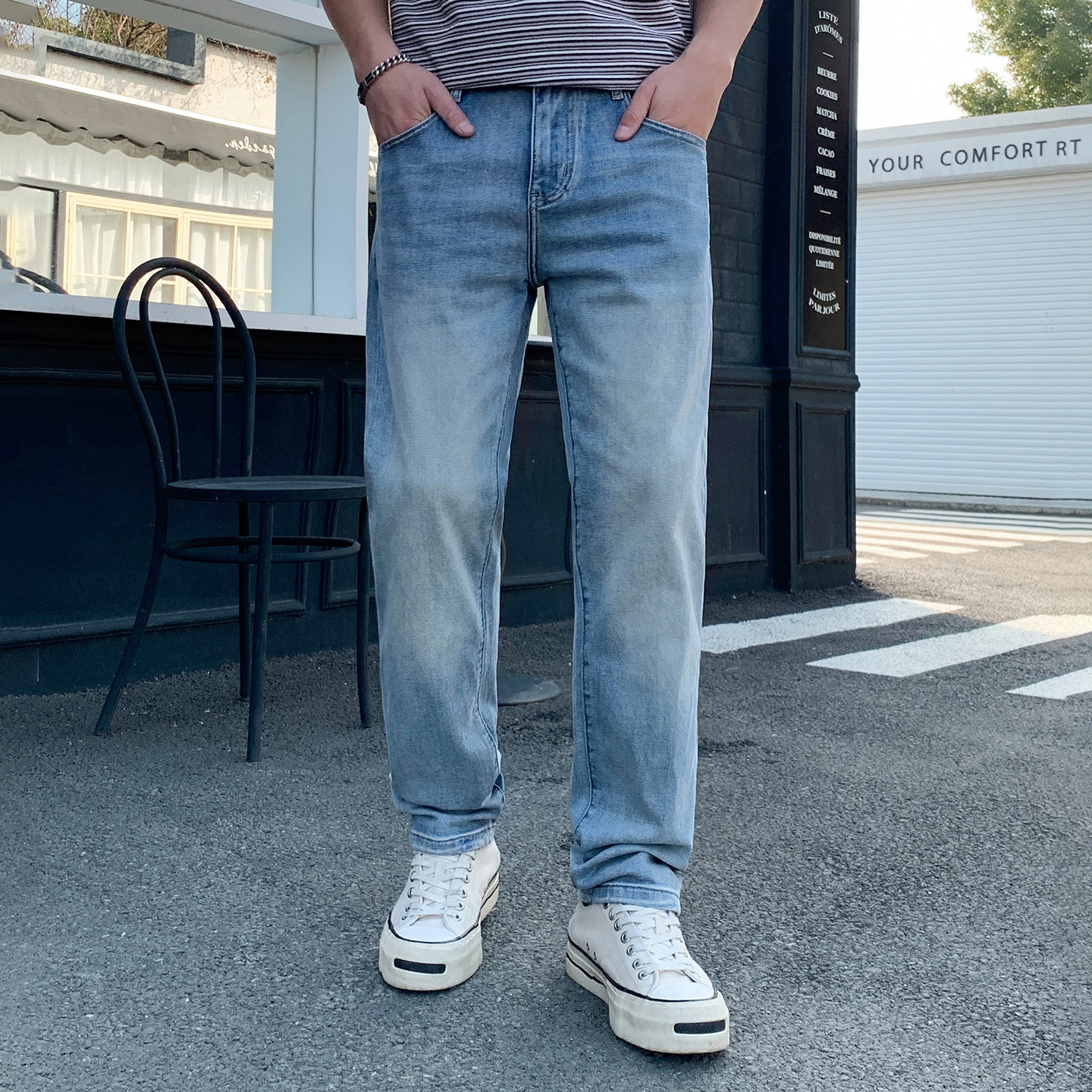 轻奢秋季浅蓝色cleanfit直筒牛仔裤子美式高街男生复古宽松长裤