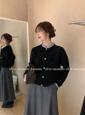 alive moment 2024冬季时尚百搭设计感百褶花边领毛衣女针织开衫