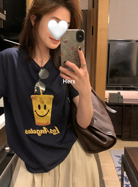 Hers 2025夏季新款韩系简约休闲趣味图笑脸咖啡短袖T恤女  20855