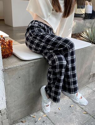 bluepops秋冬2021新款韩版网红穿搭宽松显瘦阔腿工装格子直筒女裤