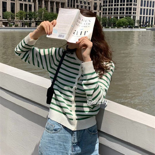 sicily2025早春条纹柔软羊毛针织开衫圆领宽松薄款长袖毛衣外套女