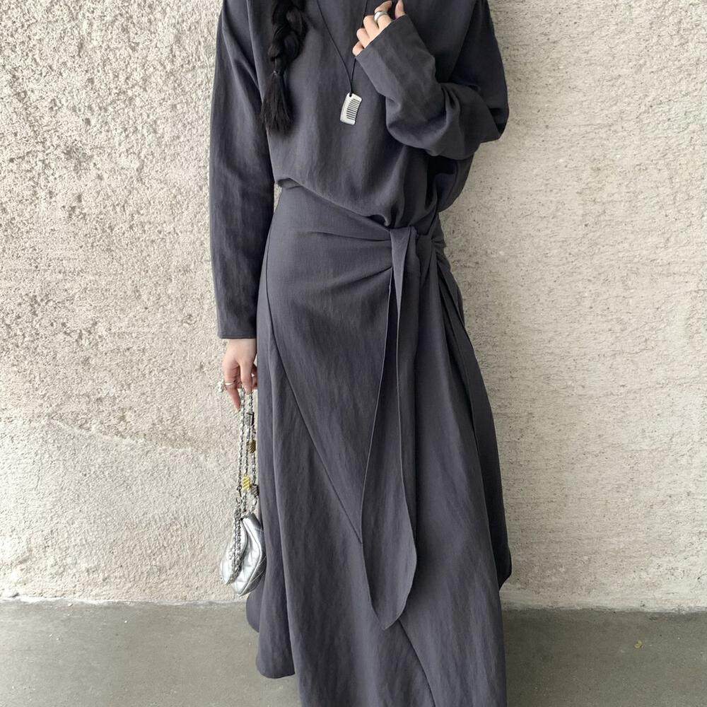 亚麻纯色上衣绑带收腰半身裙套装图片