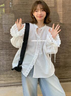 imiss 蕾丝花边白色衬衫女2025秋款设计感小众衬衣V领系带上衣