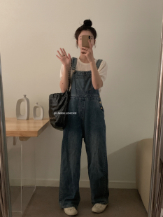 i miss洋气减龄复古蓝色阔腿牛仔背带裤女2025春款高腰