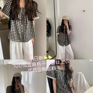 显瘦方领上衣25018 sicily miluroom 2025夏季 亚麻格子拼蕾丝衬衫