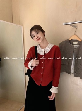 alive moment韩系气质蕾丝拼接淑女针织开衫毛衣女红色新年上衣冬