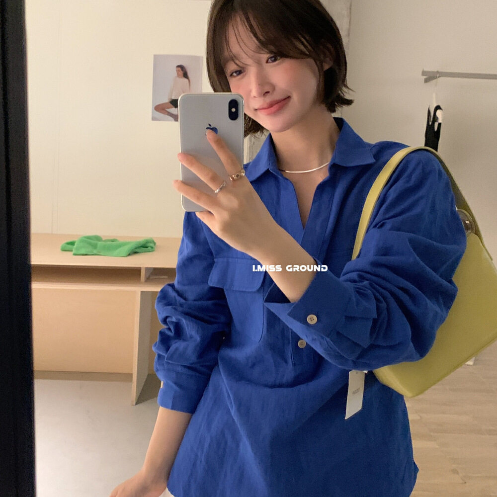 imiss苎麻口袋V领衬衫女韩系