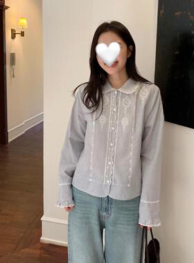 sicily/miluroom韩国春款高品质立体刺绣蕾丝花边蓝色条纹衬衣女