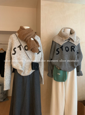 alive moment冬季2024韩国东大门字母刺绣宽松圆领羊毛保暖毛衣女
