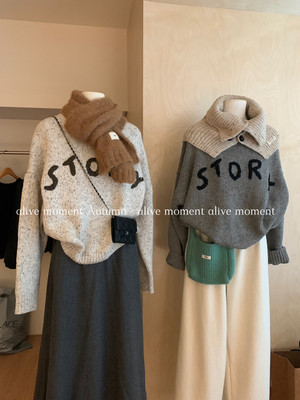 羊毛字母刺绣圆领毛衣女冬