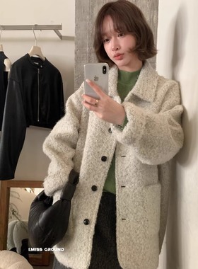 imiss韩标！2025冬季高品质奶呼呼翻领宽松中长款羊毛外套女90526