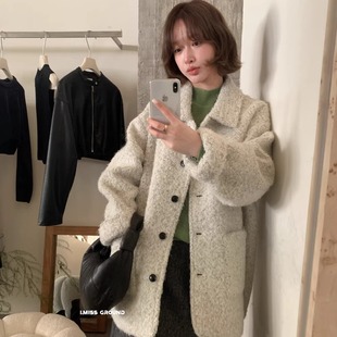 imiss韩标!2025冬季高品质奶呼呼翻领宽松中长款羊毛外套女90526