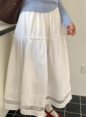 SHEEP韩系甜美减龄木耳边中长款裙子松紧腰白色a字半身裙春夏新款