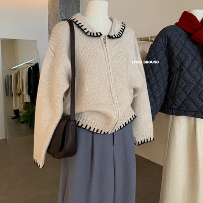 羊毛针织外套imiss翻领毛衣开衫