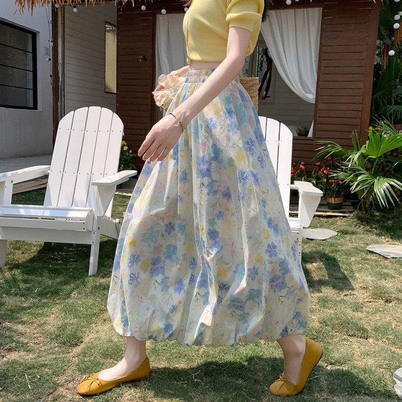 浪漫风印花A字半身裙女2026春夏高腰宽松蓬蓬花苞裙梨形身材显瘦