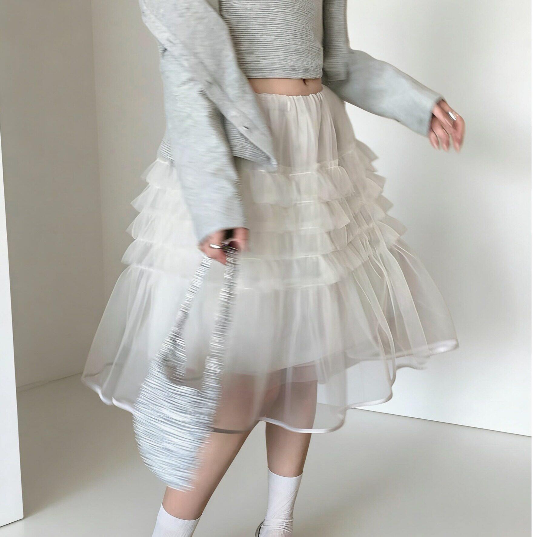韩系设计感多层网纱蛋糕裙2026春夏显瘦气质蓬蓬中长款白色半身裙