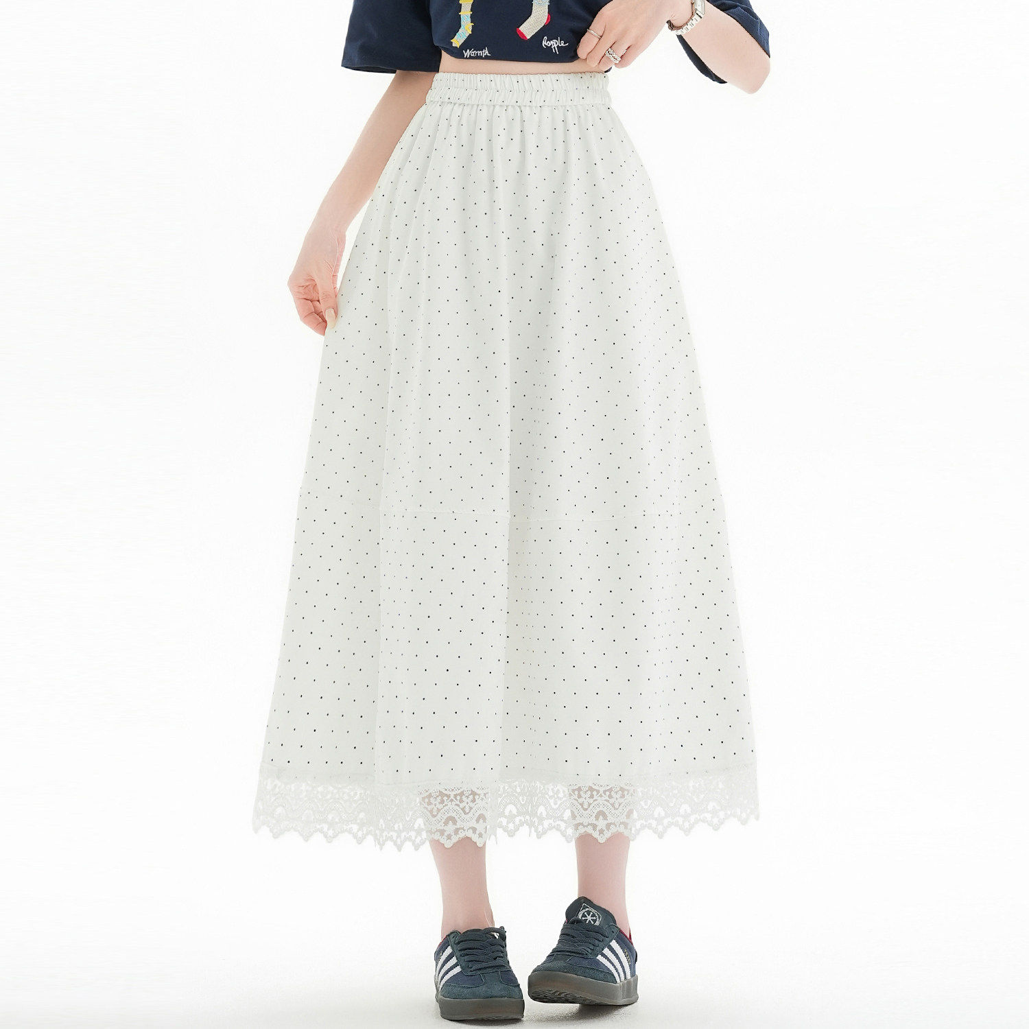 白色波点蕾丝拼接半身裙女2026春夏新款松紧腰遮跨显瘦半裙a字裙
