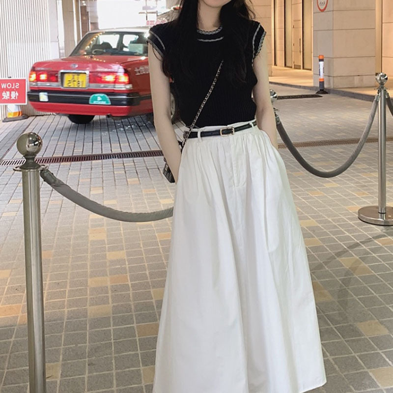 YQGFS#时尚气质套装年夏新款百搭修身小香风针织上衣白色半身