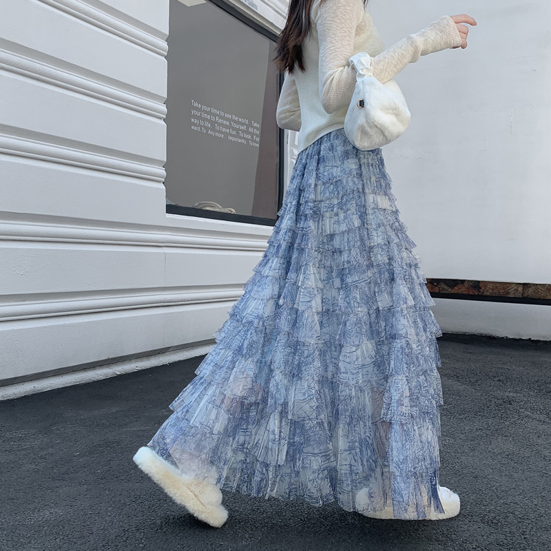 蓝色扎染大摆网纱半身裙女2026春夏松紧腰蛋糕裙半身裙长裙蓬蓬裙