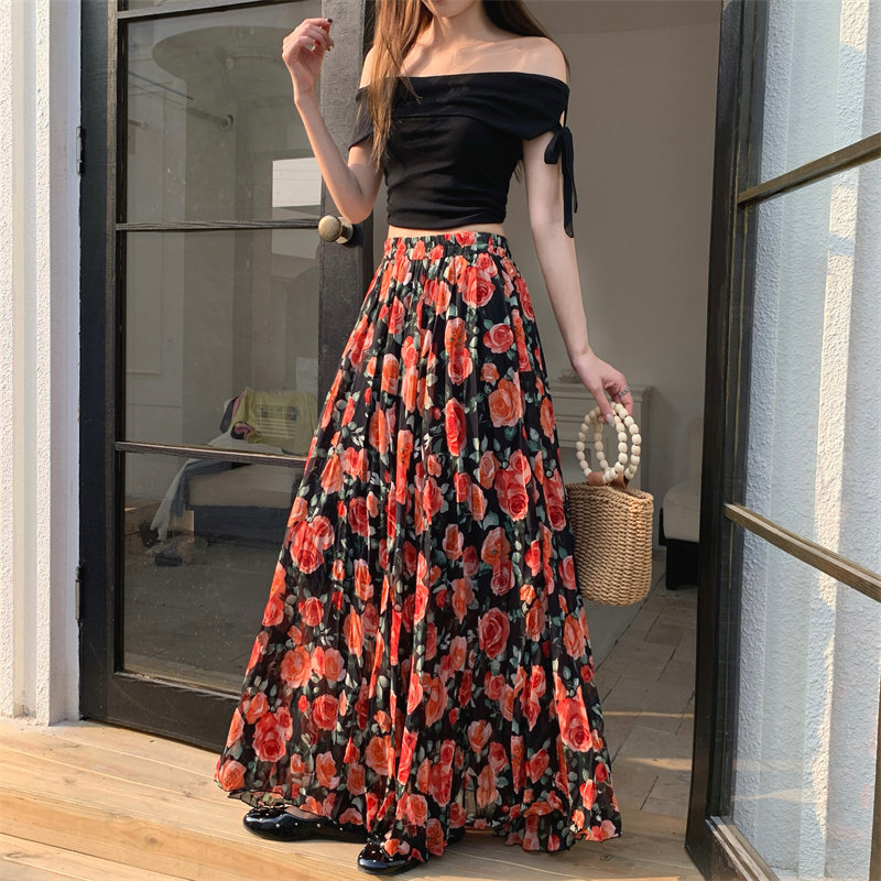 甜美玫瑰印花A字半身裙女2026春夏高腰显瘦雪纺大摆复古口袋长裙