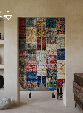 寻由民族复古拼接卧室客厅门帘厨房卫生间免打孔遮挡隔断遮光帘子