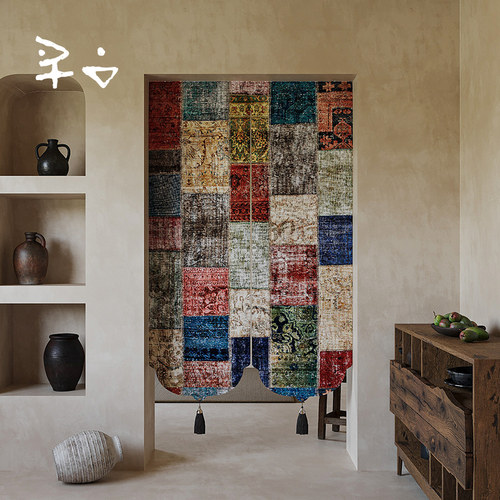 寻由民族复古拼接卧室客厅门帘厨房卫生间免打孔遮挡隔断遮光帘子