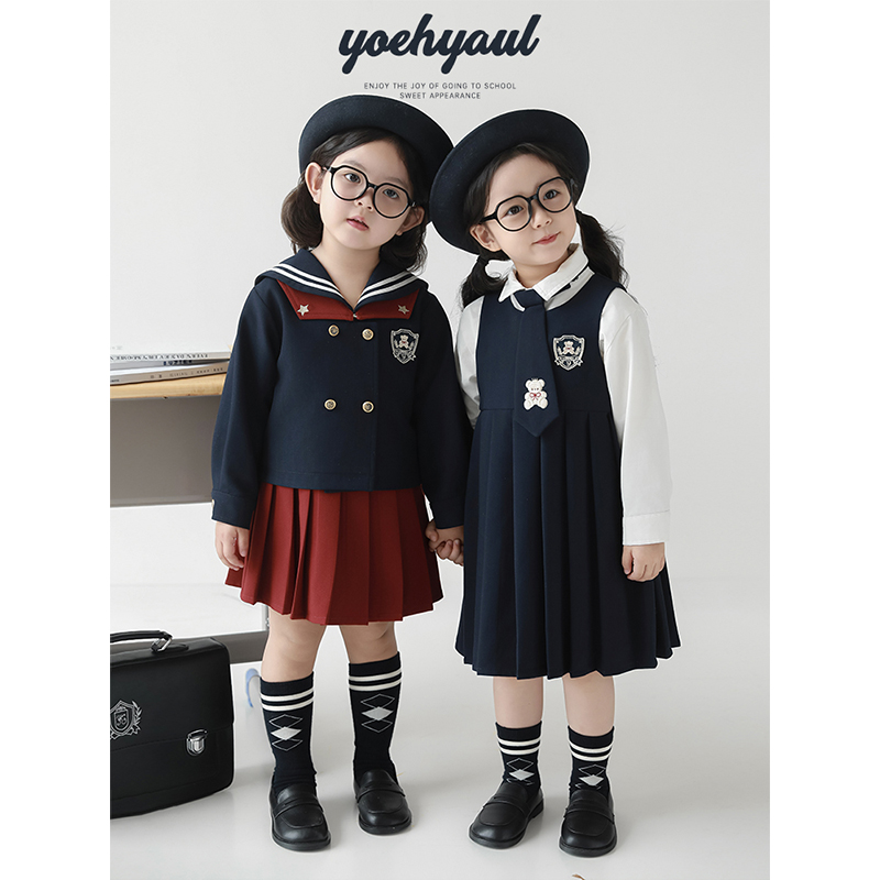 幼悠女童学院套装春秋双扣门襟水手制服外套工字背心连衣裙多件套