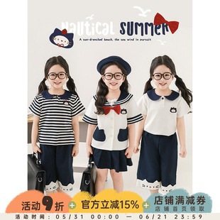 幼悠女童学院风系列2025夏季儿童海军翻领POLO衫宽松直筒八分裤潮