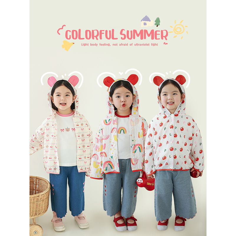 幼悠女童满印防晒衣2025夏季儿童活泼可爱撞色立体耳朵连帽外套潮