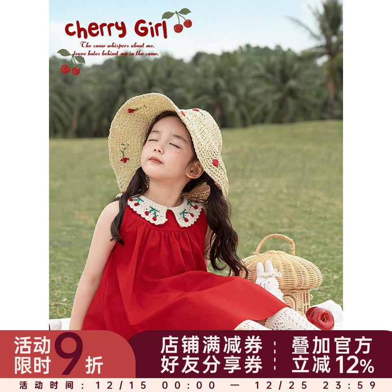 幼悠女童毛织樱桃翻领大裙摆背心裙夏季俏皮可爱清爽无袖连衣裙潮