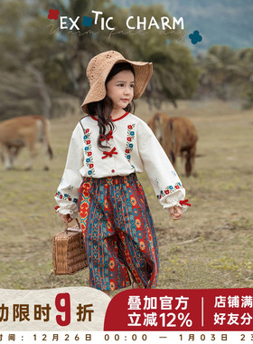 幼悠女童民族风套装2025春季撞色包边圆领衬衫绚丽亲肤七分裙裤潮