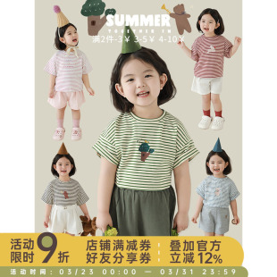 气可爱凉爽自在宽松半袖 幼悠 元 2025夏季 T恤 女童动感节奏条纹短袖