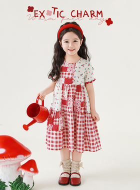 幼悠 女童碎花格纹印花A字连衣裙2025夏季红色织带拼接袖口裙子潮