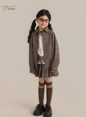 幼悠女童2026春秋宽松百搭复古外套挺阔柔顺百褶裙复古学院风套装