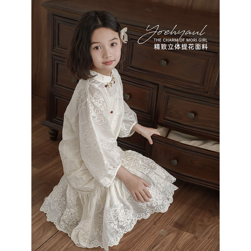 幼悠女大童中国风刺绣印花温婉大气彩色圆珠装饰朦胧美胖童连衣裙