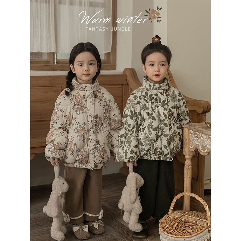 幼悠女童小碎花灯芯绒棉服冬季俏皮可爱亲肤舒适防风保暖立领外套