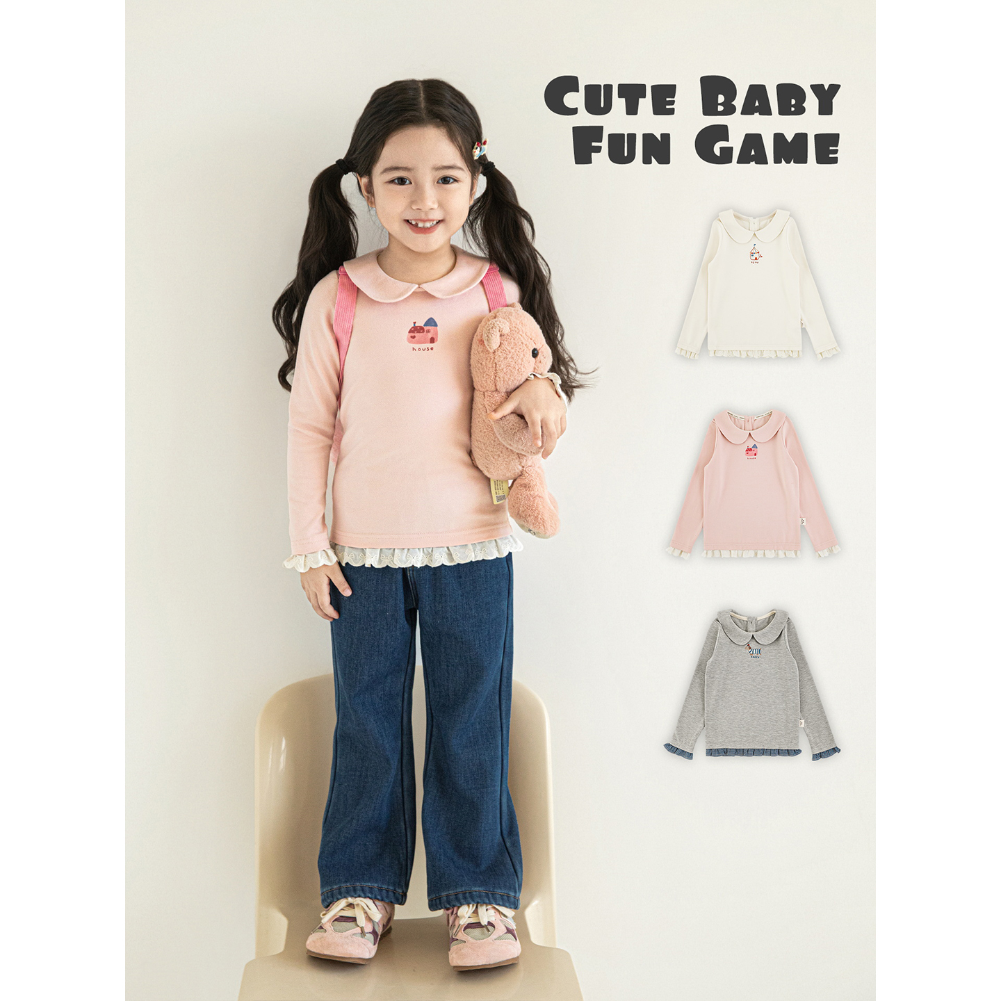 幼悠 女童拼接花边娃娃翻领打底衫秋冬甜美显瘦卡通印花百搭T恤潮