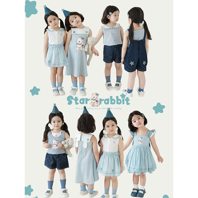 幼悠女童星星小兔蓝色系列2025夏季蝴蝶结连衣裙吊带背心多件套潮
