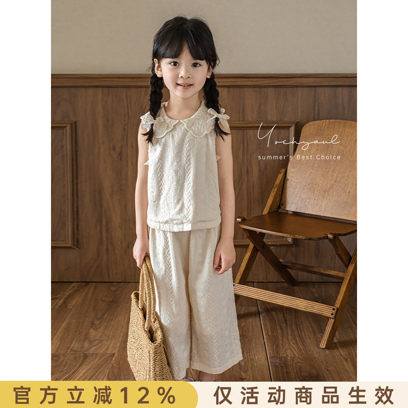 幼悠女童绣花套装2025夏季元气可爱蝴蝶结无袖上衣宽松直筒阔腿裤图片