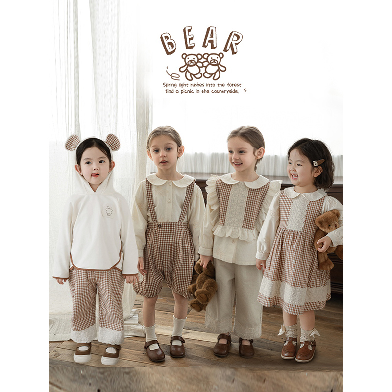 幼悠女童春秋小熊系列洋气可爱刺绣花边马甲灯笼袖娃娃衫多件套潮