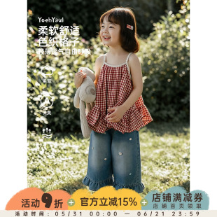 幼悠女童吊带衬衫儿童夏季新款红格子轻薄透气小衫可爱清凉上衣潮
