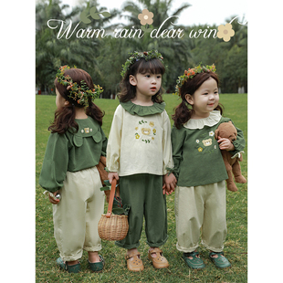 幼悠儿童女童套装2026新款田园风宝宝春装卡通刺绣蝴蝶结上衣长裤