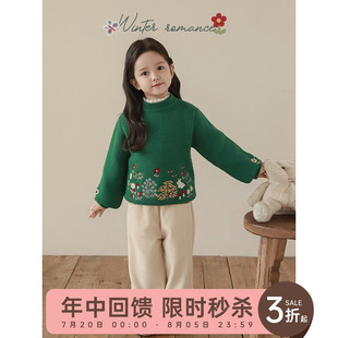 娇俏甜美防风保暖小灯笼袖 幼悠女童绿色花草刺绣毛衣冬季 休闲上衣