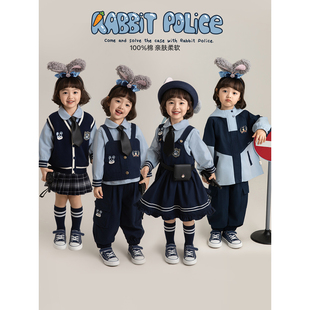 幼悠女童春季新款娃娃领衬衫无袖马甲短裙宽松束脚裤兔子警探套装