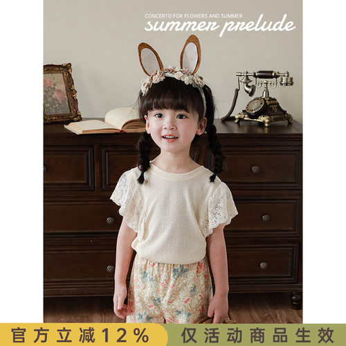 幼悠女童圆领娃娃衫2025夏季网纱飞袖宝宝镂空透气蝴蝶结百搭上衣