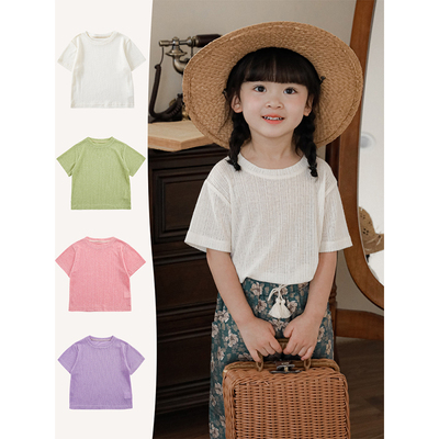 幼悠 女童圆领T恤2025夏季新款镂空针织上衣宝宝纯色透气凉爽短袖