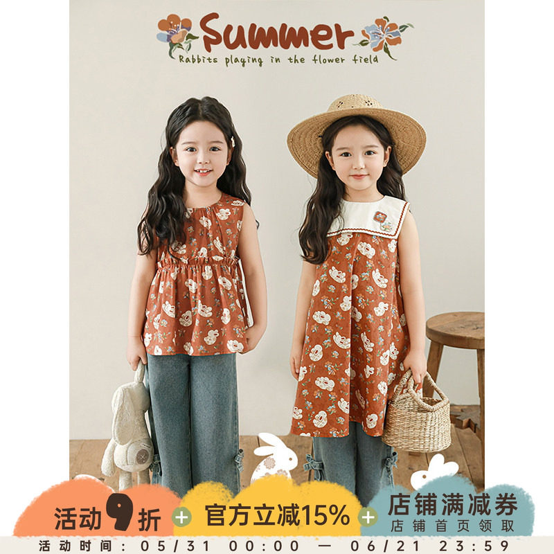 幼悠女童古典风套装夏季儿童布本拼接娃娃衫简约自在无袖连衣裙潮